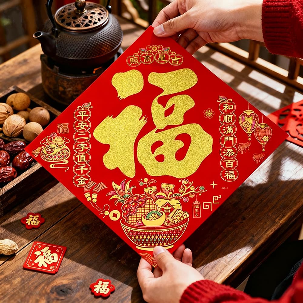 2026 Year of the Horse Spring Festival New Year Blessing Door Sticker, Gold Foil Flannel Blessing Character Square Sticker, Entry Door New Year Painting Wholesale