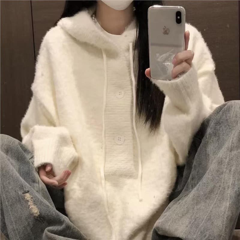 Lazy Style White Hooded Mink Fleece Pullover Sweater for Women 2025 Autumn New Korean Loose Fit Knit Top