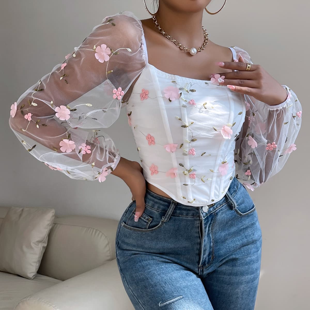 Cross-border European and American women's fashion ins style sexy mesh see-through embroidered flowers double-layer boned long-sleeve corset top 60706