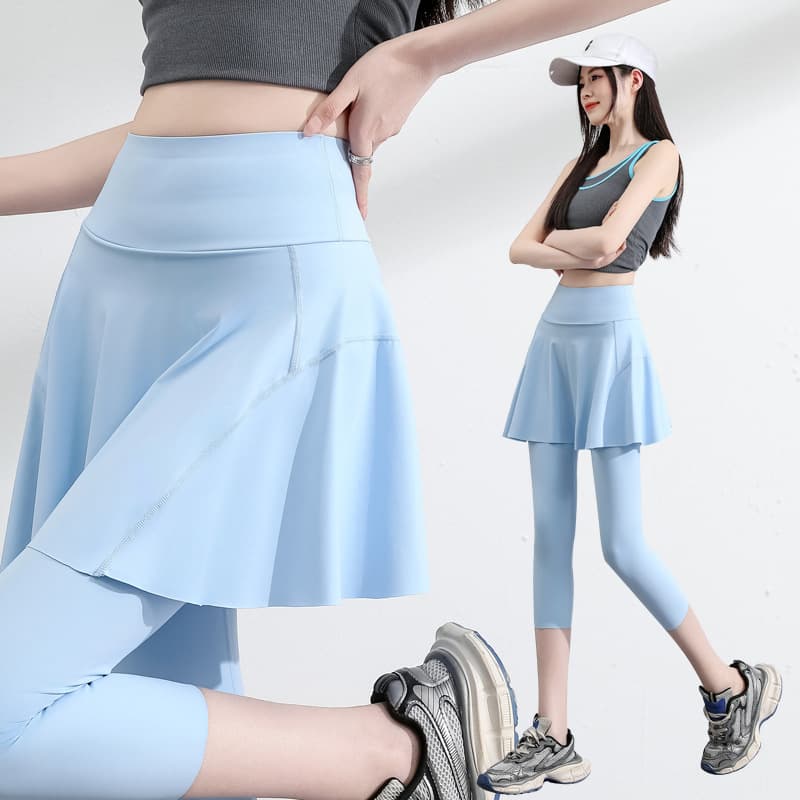 Yoga Skirt with Built-in Shorts for Women, High-Waist Pockets, Thin Summer Style, Shark Skin Leggings, Plus Size Active Skirt