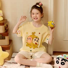 Children's Pajamas, Women's Summer Short-Sleeved Pure Cotton Pajamas, Medium and Large Girls' Round Neck Girls' Homewear Two-Piece Set