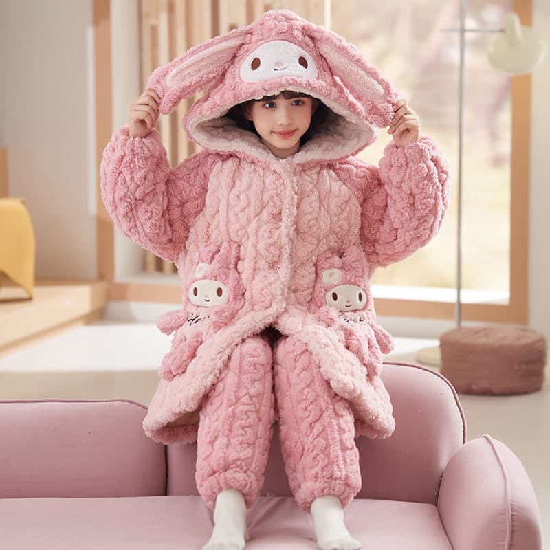 [Three-Layer Cotton Padding, Extra Thick] Girls' Winter Pajamas, Coral Fleece Three-Layer Padded Style, Baby Winter Sleepwear