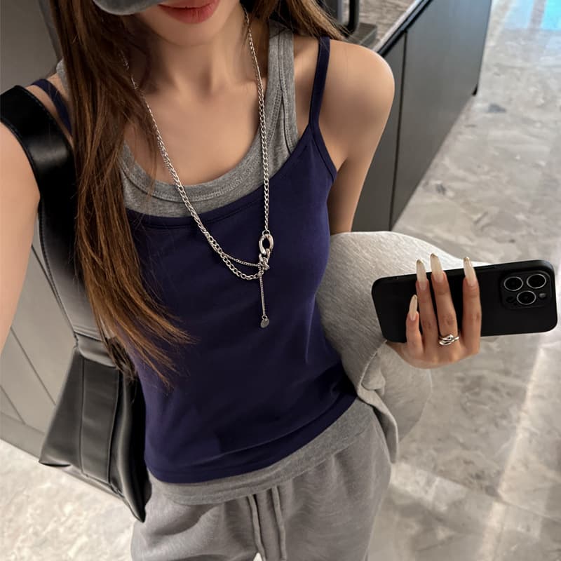 Color-Block Faux Layered Racerback Vest Women's Camisole Inner Layer Korean Design Patchwork Sleeveless Top