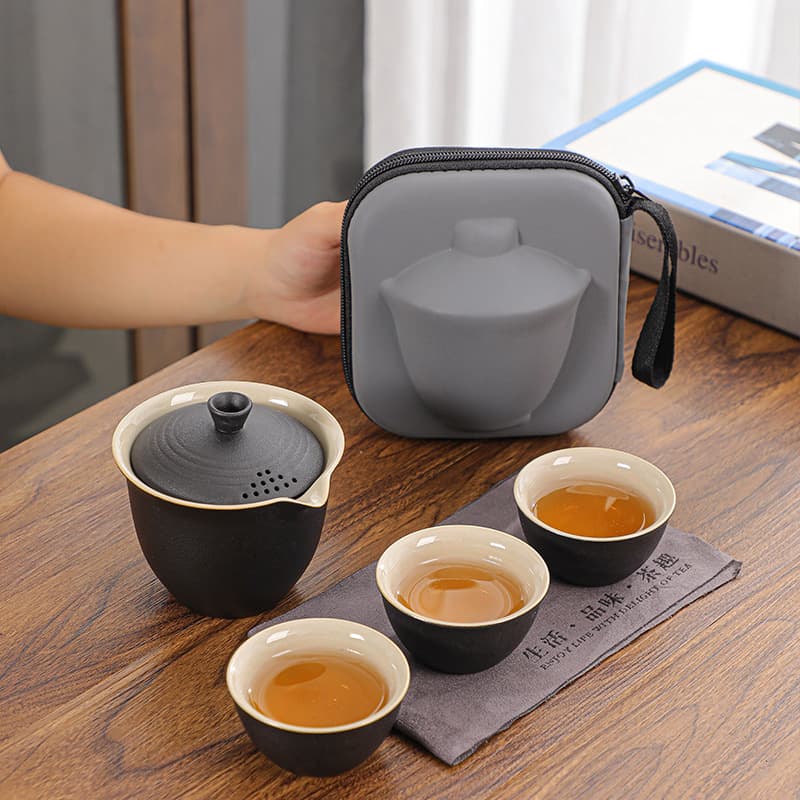 Business Gift Travel Tea Set - Portable Quick Cup with One Pot, Three Cups, and Lid Bowl, Premium Outdoor Kung Fu Set