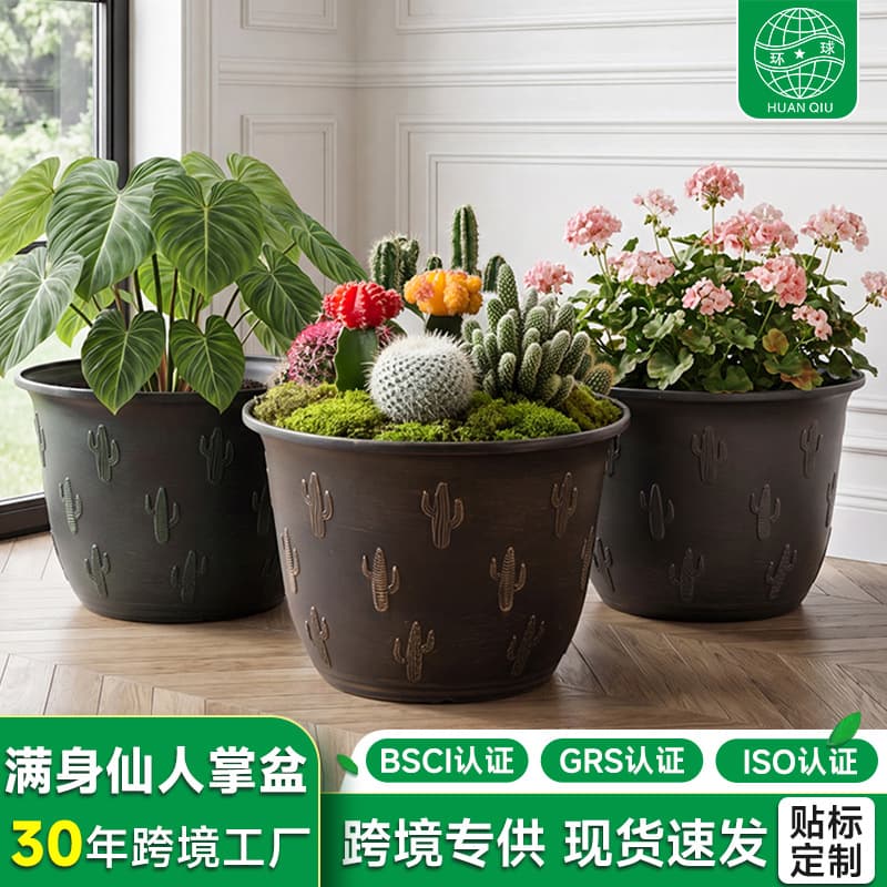 Global Cross-Border Gardening Vintage Cactus Embossed Plastic Planter Balcony Green Plant Succulent Thickened Resin Flower Pot