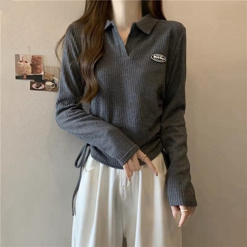 American high-street style tie-front long-sleeve top for women, spring and autumn slim-fit casual age-reducing versatile short regular shoulder top.