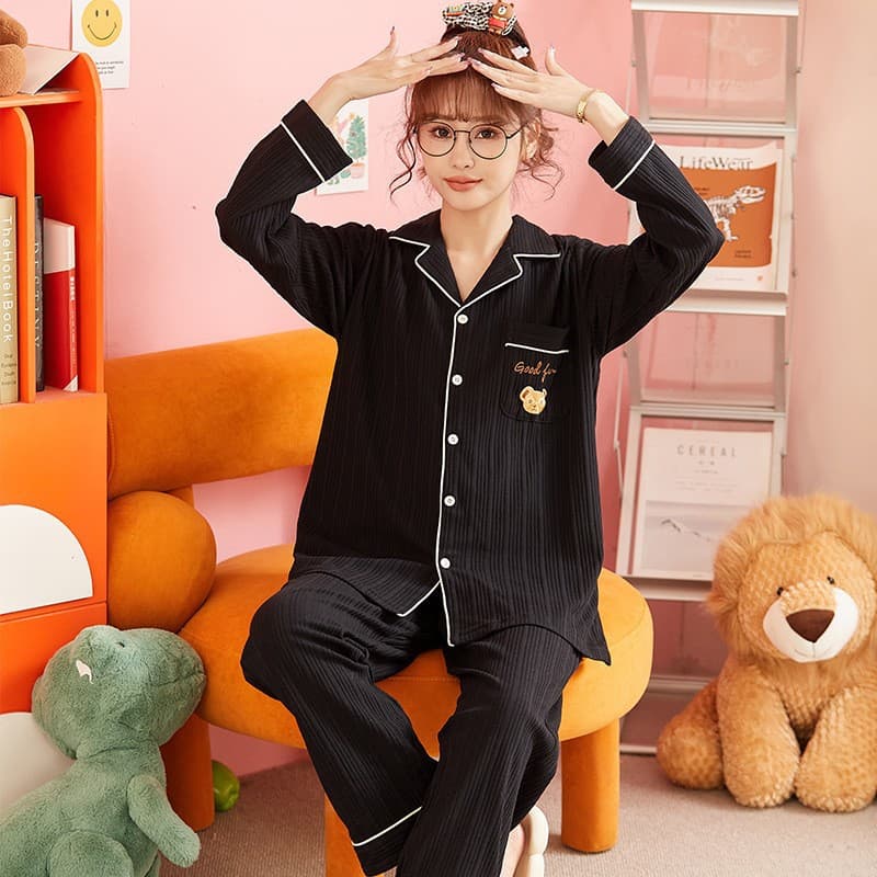 Premium Bear Print Pajama Set for Women – Spring/Fall New Arrival, Milk Silk Ribbed Knit Long Sleeve Casual Loungewear, Suitable for Outdoor Wear