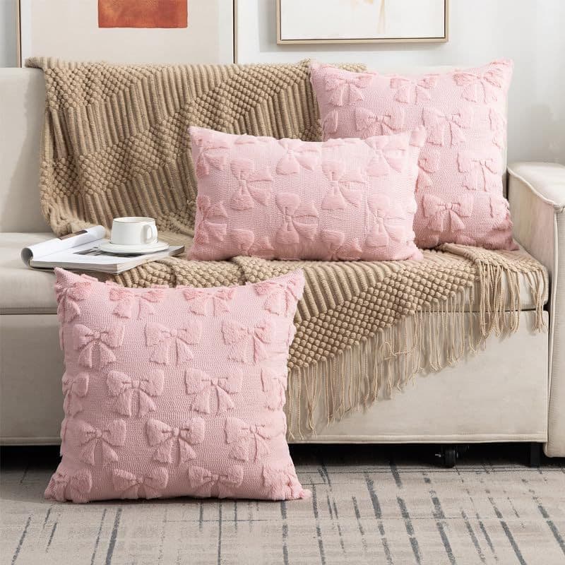 Cross-border quilted embroidered pillowcase with bow, plush embroidered pillow cover without insert, bedside backrest cushion for office