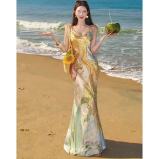 Shining Mystical Print Rhinestone Beaded Dress for Women V-Neck Halter Long Dress Printed Halter Dress for Women