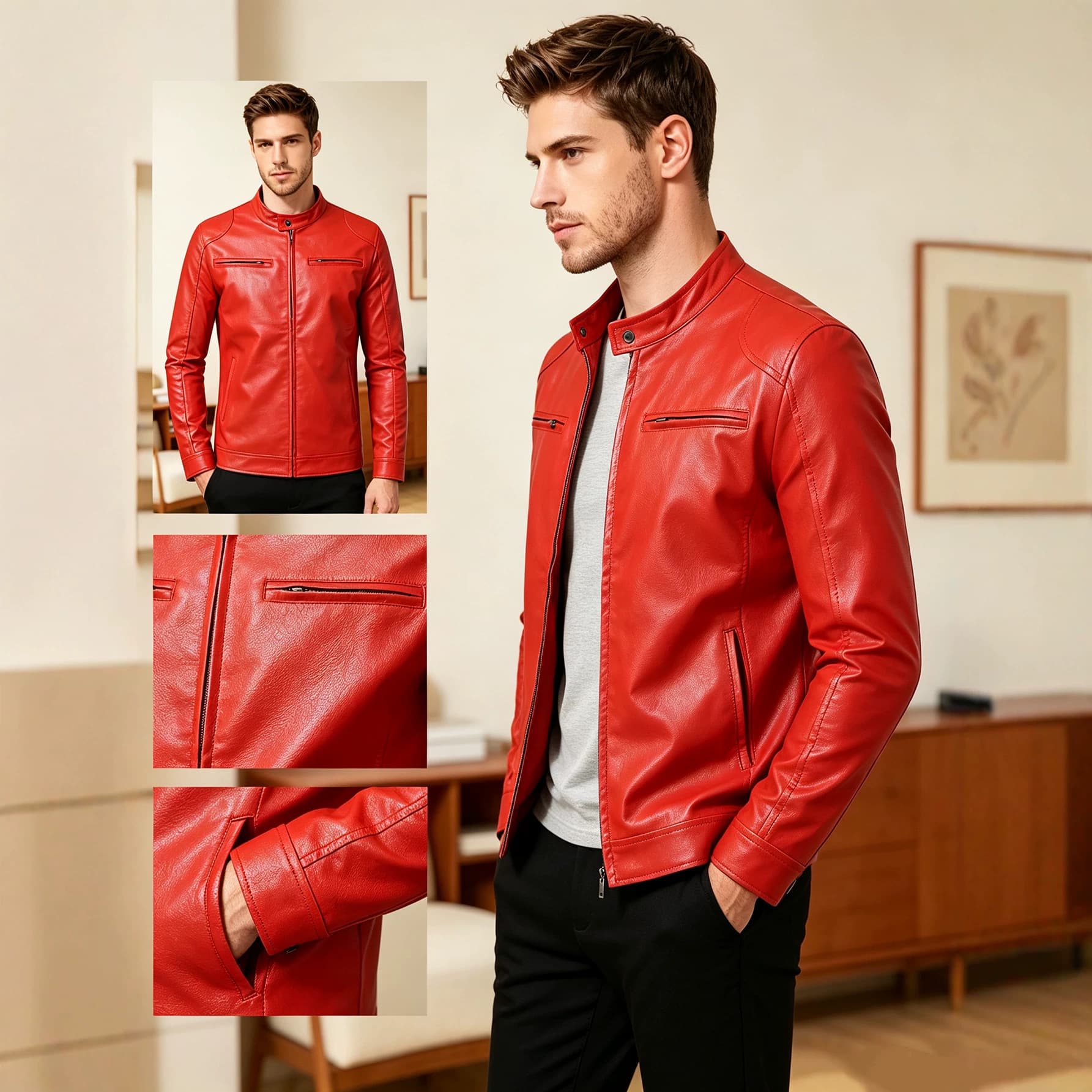 Cross-border European size men's PU leather jacket with stand collar, slim motorcycle jacket, fashionable casual jacket, multiple colors available