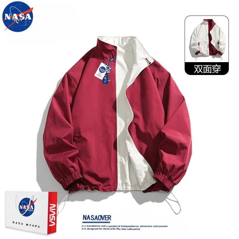 NASA Collaboration American Retro Reversible Stand Collar Jacket for Men, Spring/Autumn Streetwear Loose Casual Sports Couple Outerwear