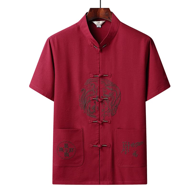 Middle-Aged and Elderly Dad's Tang Suit Short Sleeve Top, Chinese Style Embroidery Hanfu, Summer Men's Wear Retro Casual Layman Clothing