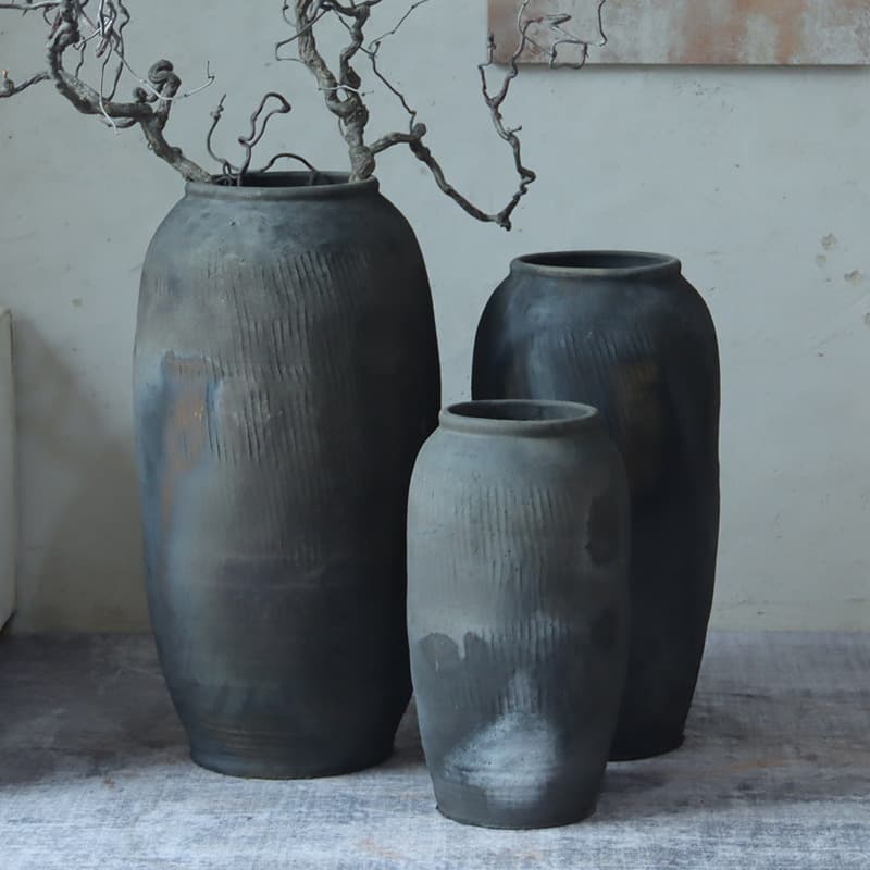 In Stock Floor Vase Ceramic Pot Tall Pot Decorative Earthenware Bottle Floor Flower Insert Matte Black Earthenware Pot Set Black Vase