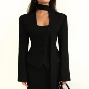 Women's 2026 New Fashion Solid V-Neck Scarf Trim Long Sleeve Casual Blazer Jacket Top