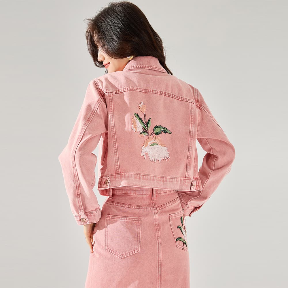 Autumn New Retro Pink Washed Denim Short Jacket with Lapel Women's Skirt Casual Two-Piece Set 22267