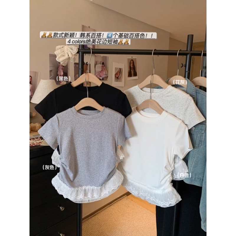 High Quality Short Sleeve T-Shirt for Women with Lace Trim, Regular Shoulder, Summer Pleated Waist V-Neck Top (Exclusive for Douyin, Tmall, Xiaohongshu)