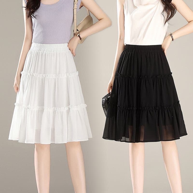 Summer slimming and versatile mid-length skirt for small people spring and summer white high-waisted irregular elastic waist cake skirt