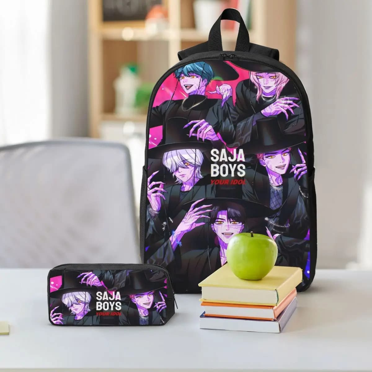 Backpack 3-Piece Set, Devil Hunter Anime Print, Large Capacity, for Middle School Boys, Cross-Border Amazon Factory