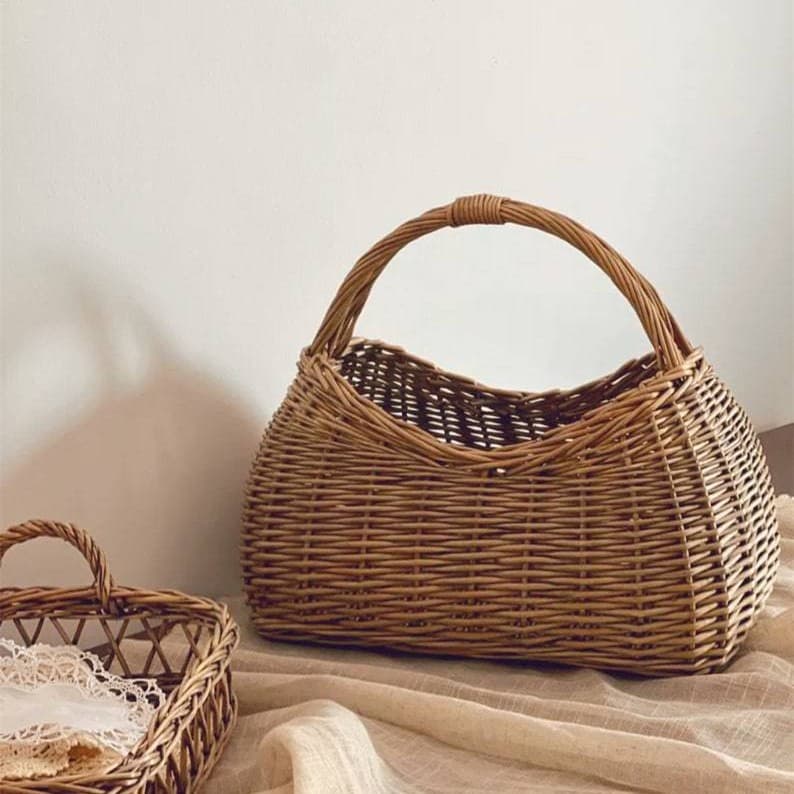 Handwoven Flower Basket, French Vintage Ins-Style Tote for Flower Arrangement, Fruit Picking, and Photography Prop