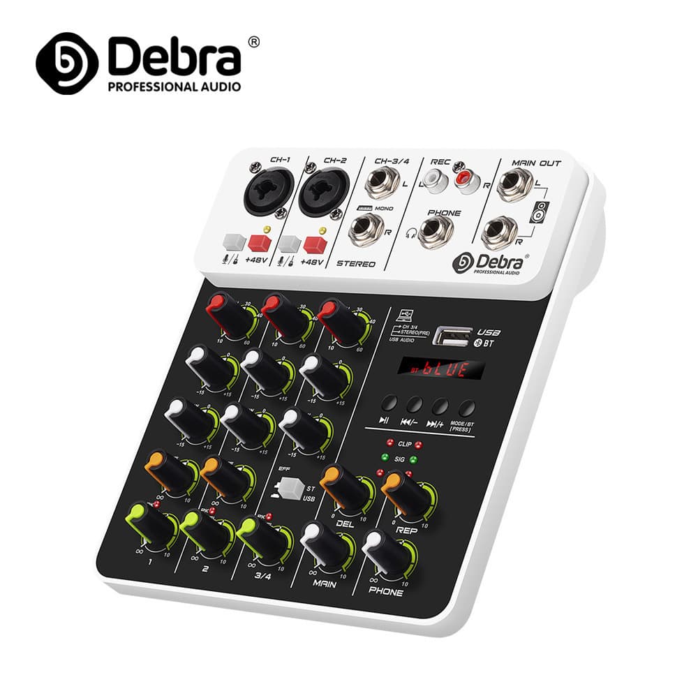 4-Channel Mini Mixer with Reverb Sound Card Bluetooth for Phone Computer Home Karaoke Live Streaming Mixing Effects