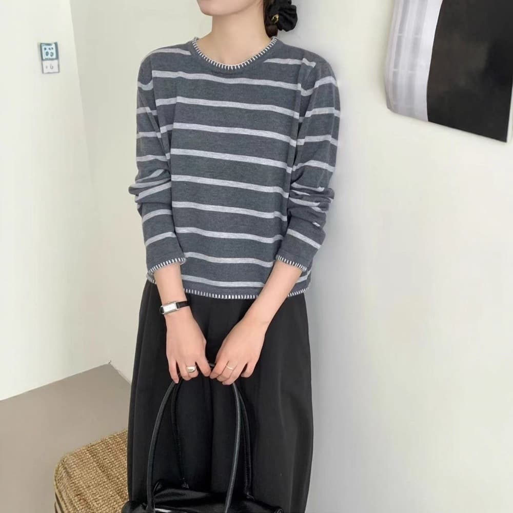 Fine imitation wool casual striped loose round neck sweater for women, lazy and versatile long-sleeved knitted bottoming autumn and winter new style
