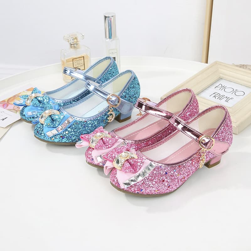 New Cross-Border Girls' Low Heel Leather Shoes Rhinestone Student Etiquette Sequins Single Shoes Bow Performance Shoes