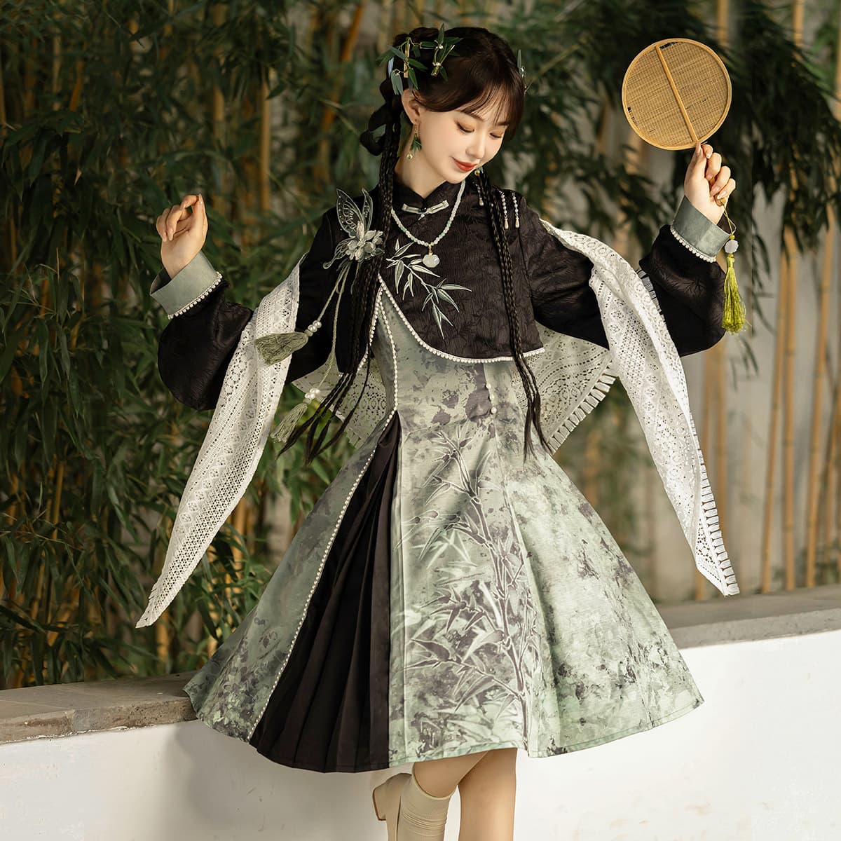 Original Design Misty Bamboo Hanfu Women's Chinese Style Improved Han Element Cape Top and Camisole Dress Set 9440