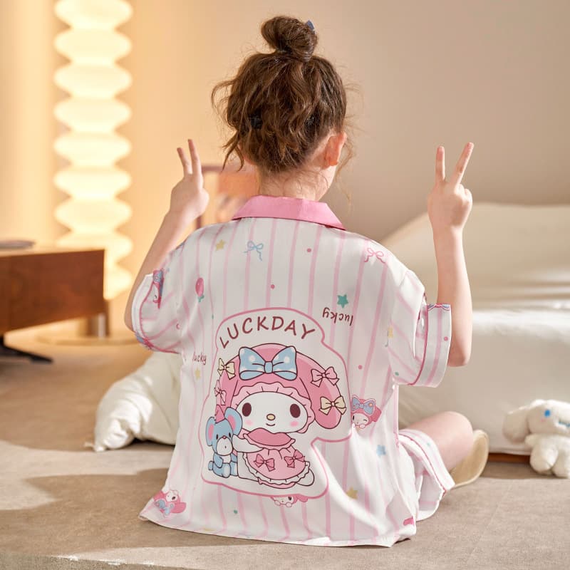Girls' Summer Ice Silk Short Sleeve Pajamas 2025 New Cartoon Kids Sleepwear for Children