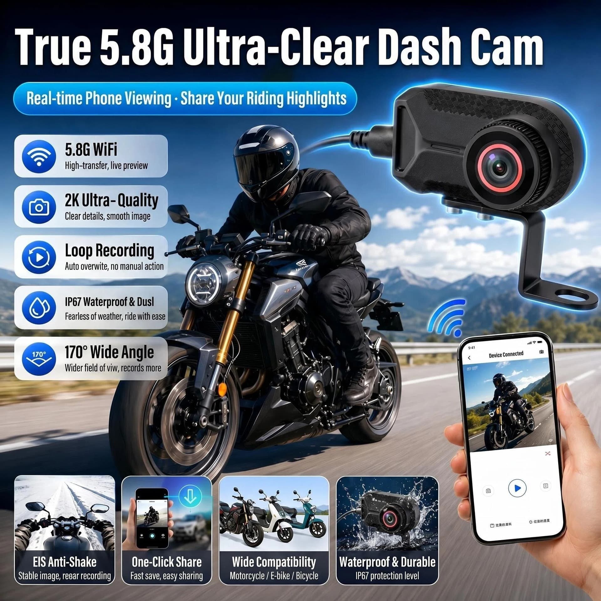 Motorcycle Recorder Wifi Version App for Video Playback 2K High-Definition Recorder Waterproof Dvr for Riding