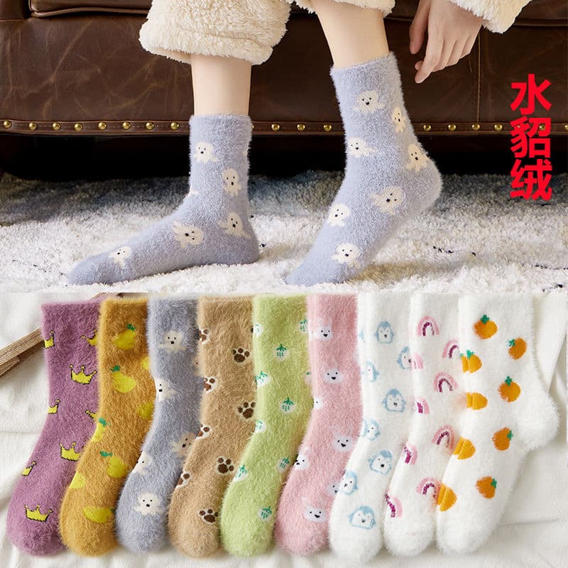 Zhuji Women's Mid-Calf Socks Wool Socks Coral Fleece Mink Fur Lined Thickened Snow Socks Floor Socks Ins Trendy