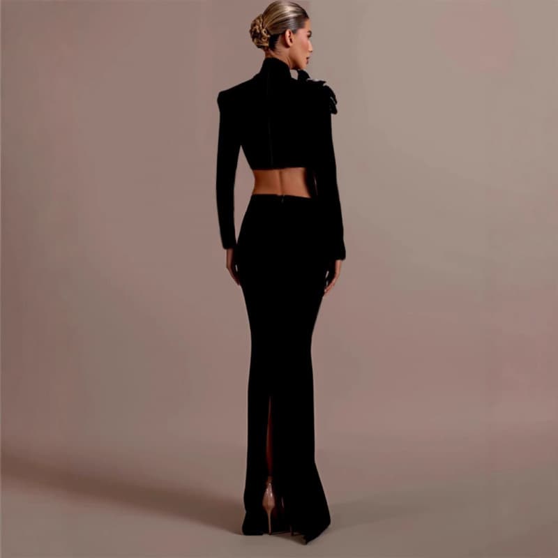 Supermodel Runway Evening Gown Set with Stand Collar, Long Sleeves, Sparkling Shoulder Embellishments, Waist-Baring High-Waist Slim Fit Long Dress for Banquets and Social Events