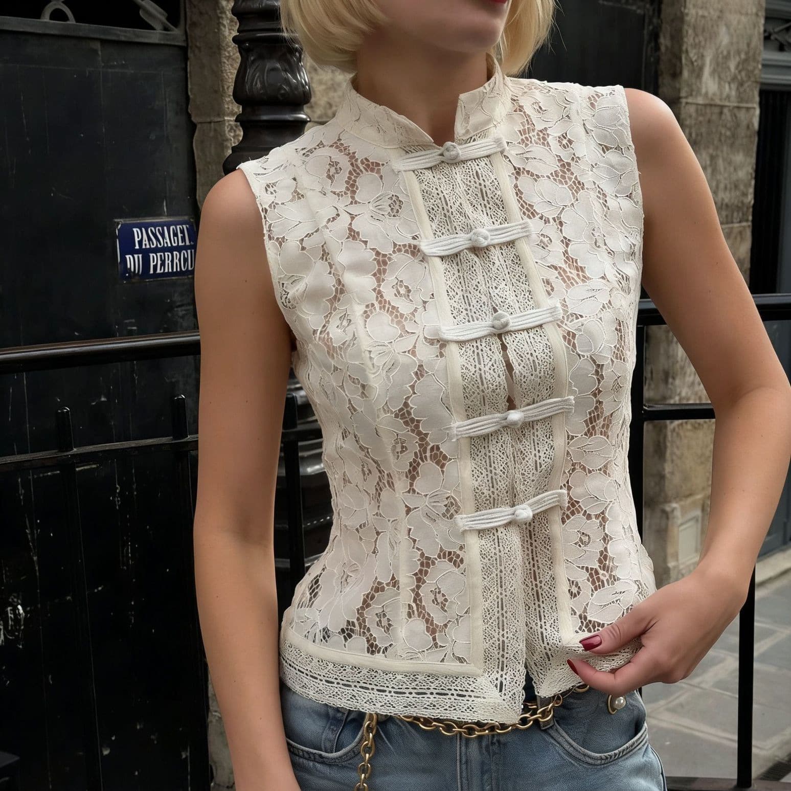 2026 Summer New Arrival European and American Hot Selling Fashionable and Elegant Commuter Lace Crochet Stand Collar Slim Fit Sleeveless Blouse for Women
