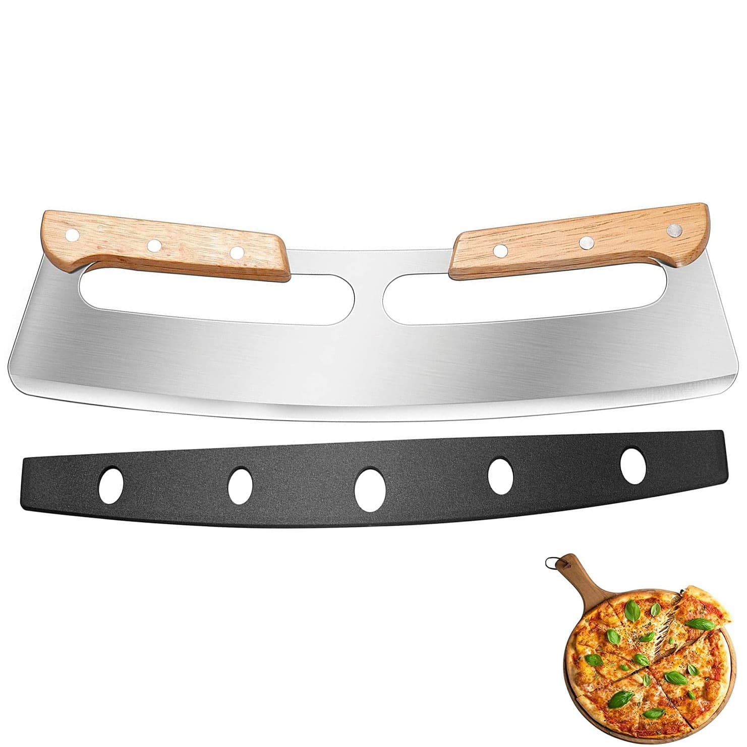 In Stock Stainless Steel Pizza Cutter Wooden Handle with Knife Sheath Curved Knife Semi-Circular Noodle Shaver Pizza Rocker Knife Baking Tool