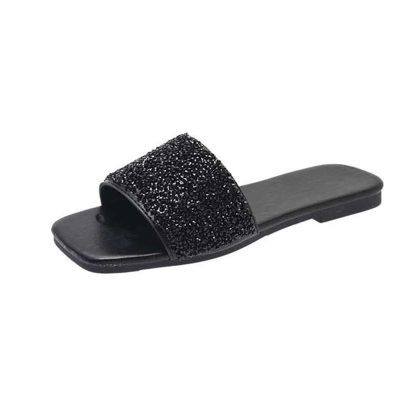 Xiaoxiang Style Flat Large Size Slippers for Women, Square Toe Rhinestone Cross-Strap Cross-Border Sandals Slippers