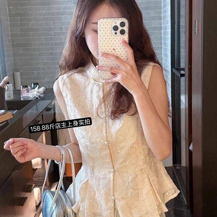 New Chinese embroidery national style sleeveless vest with sequins for summer, slim and luxurious style, high-end top