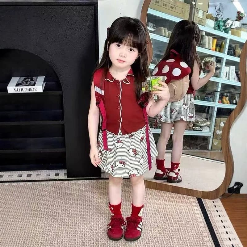 Girls style suit summer new children's doll collar vest top baby casual striped skirt 26139