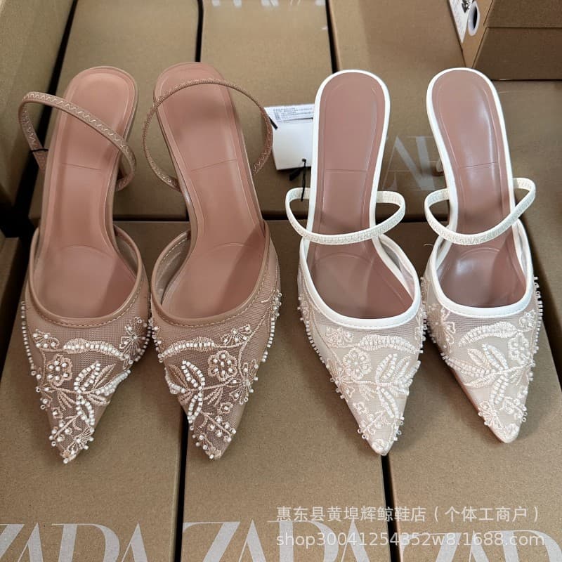 White Embroidered Mesh High Heels Women's Pointed Toe Thin Heel Cover Toe Sandals Back Strap Mule Pearl Wedding Shoes