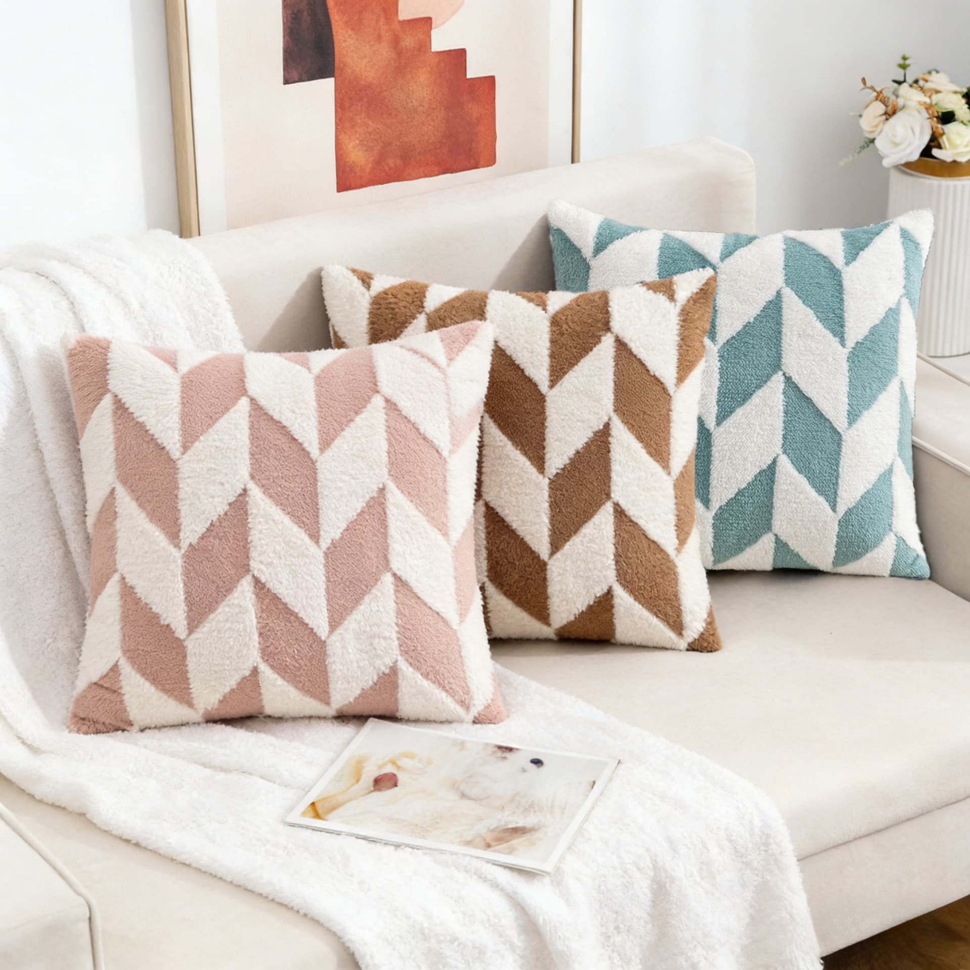 Nordic Style Comfortable Snowflake Velvet Pillow Cover, Sofa Plush Geometric Cushion Cover, Home Bedroom Jacquard Waist Cushion Decoration