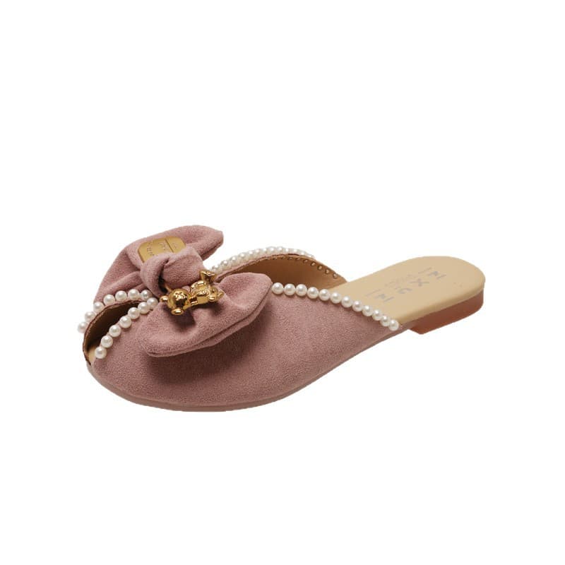 Hong Kong Style Beautiful Versatile Bow Fish Mouth Pearl Mule Sandals for Women Summer Fashion Flat Heel 2026 Trend