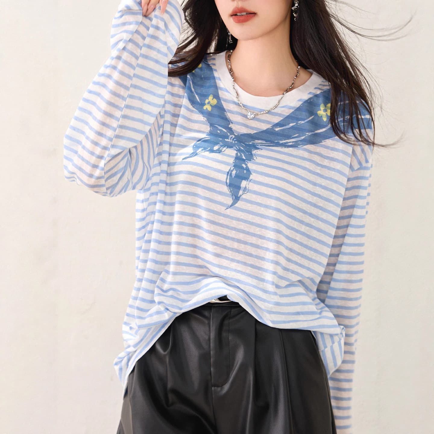 Blue Navy Collar Printed Striped Long-Sleeved T-Shirt for Women, Loose, Lazy Style, Light and Slightly See-Through Sun Protection Blouse Top Trendy