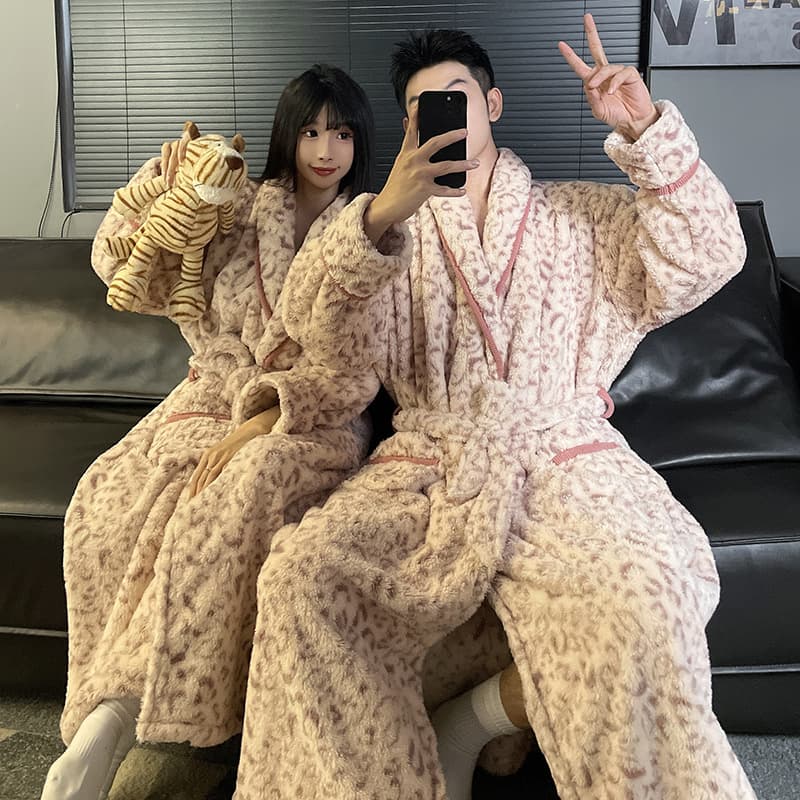 Couple Pajamas Winter Flannel Thickened Long Bathrobe Coral Fleece Plus Size 300 lbs Sleepwear Homewear