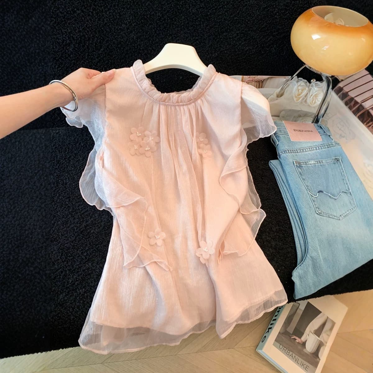 Real shot 2026 fungus edge stand collar chiffon short-sleeved shirt for women summer irregular design ruffle sleeve top