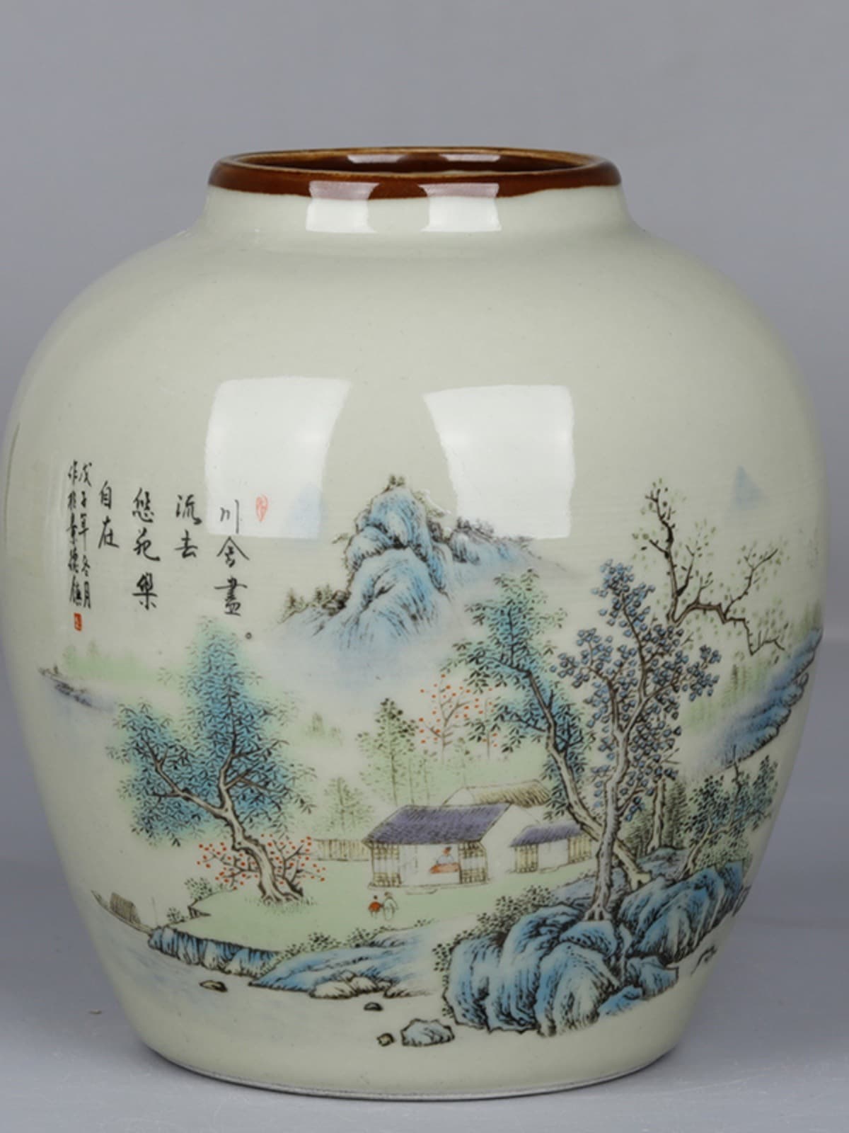 Large Qing Guangxu Period Marked Famille Rose Landscape Bean-Green Glaze Rim Jar Antique Porcelain Collectible Decorative Piece