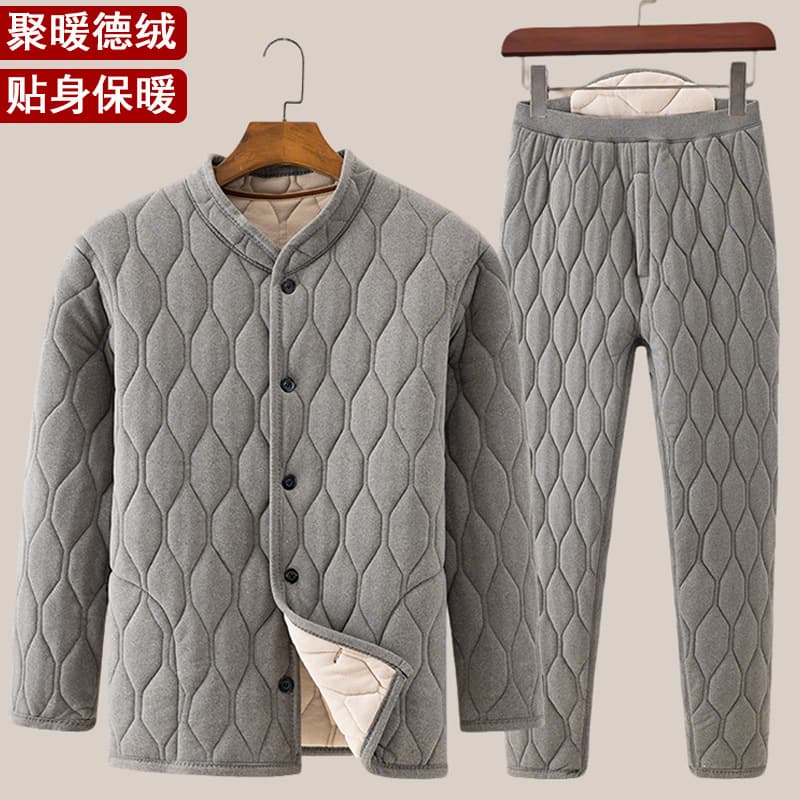 Middle-aged and elderly men's cotton-padded jacket and pants set with thermal fleece, dad and grandpa home wear pajamas