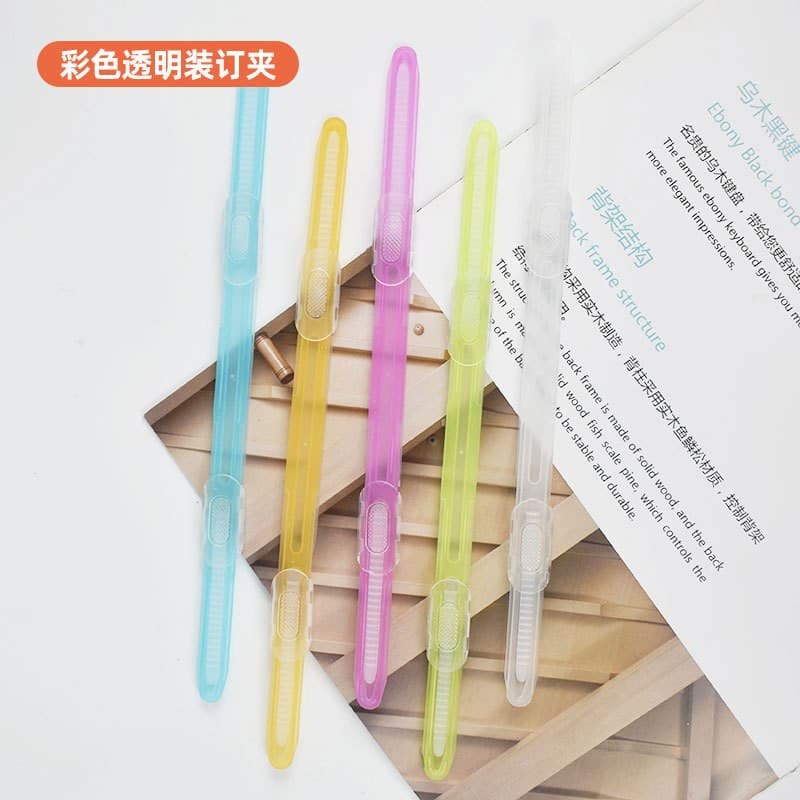 Customizable plastic 2-hole binding clips for test papers and materials, with inner core fixation, available in colored custom options.