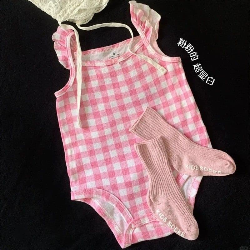 Baby sling bag summer baby girl jumpsuit, summer dress, fashionable and cute infant plaid sleeveless harem pants