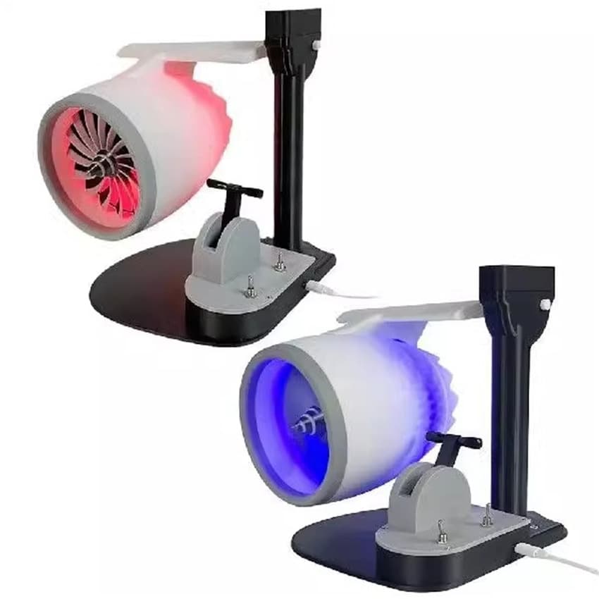 Turbine-shaped desktop fan with humidification, red light, and a spray function; plug-in design with a tail flame; new creative desktop turbine fan.
