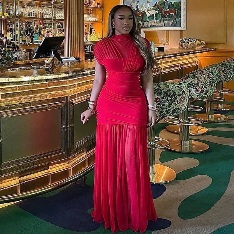 European and American style women's dress, pleated, slimming, elegant, solid color, fitted skirt, sleeveless, slightly sheer mesh, high neck, long dress