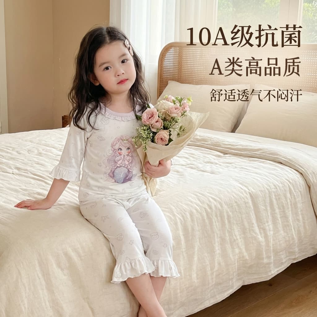 Children's Pajamas Summer Baby Three-Quarter Sleeve Air Conditioning Wear Girls Tencel Lace Homewear Boys Cartoon Two-Piece Set