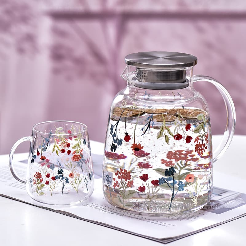 Creative Printed Home Kettle and Cup Set, Boiled Water Cup, Flower Tea Pot, Heat-Resistant Drinkware, Clear Glass, Fresh Style Kettle Set